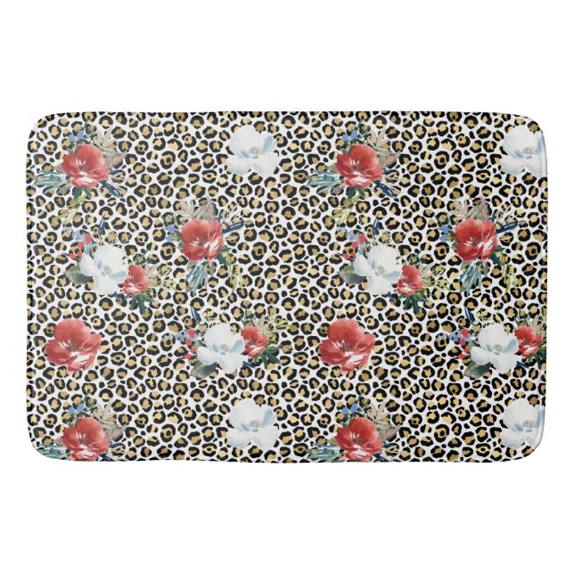 Gold Leopard Print Floral Bath Mat (Front)