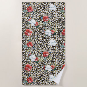 Gold Leopard Print Floral Beach Towel