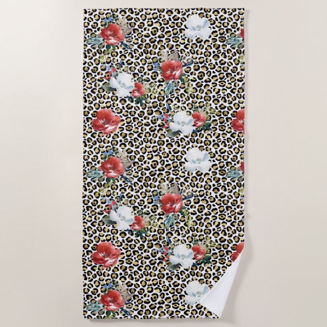 Gold Leopard Print Floral Beach Towel (Front)