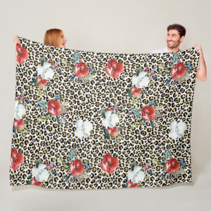 Gold Leopard Print Floral Fleece Blanket