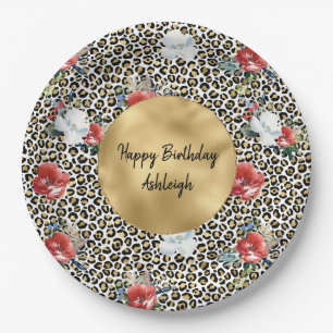 Gold Leopard Print Floral personalised Paper Plate