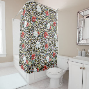 Gold Leopard Print Floral Shower Curtain