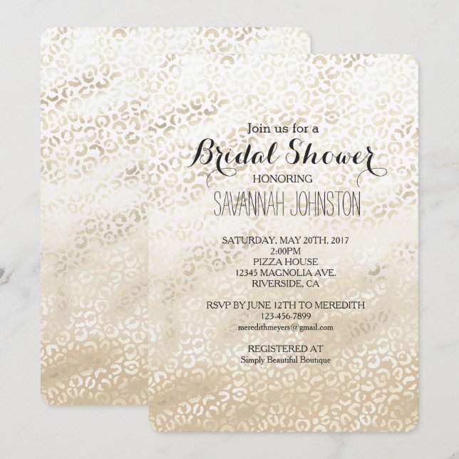 Gold Leopard Print Khaki Cream Beige bridal shower Invitation (Front/Back)