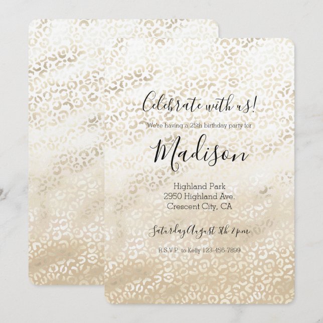 Gold Leopard Print Khaki Cream Beige Watercolor Invitation (Front/Back)