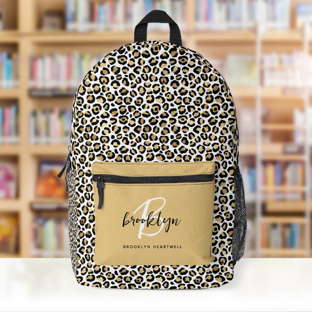 Gold Leopard Print Monogram Name Back to School Printed Backpack (Creator Uploaded)
