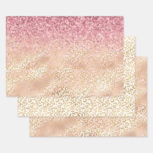 Gold Leopard Print Pink Glitter Glitz Wrapping Paper Sheet