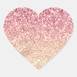 Gold Leopard Print Pink Glitter Heart Sticker
