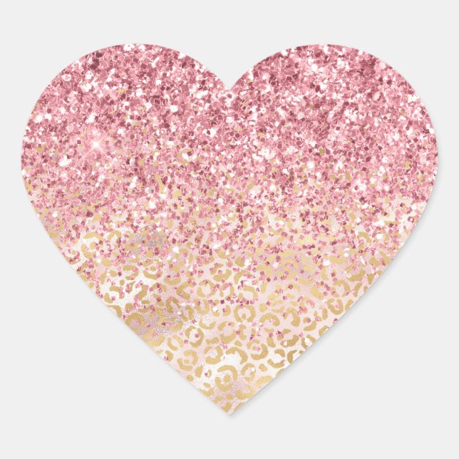 Gold Leopard Print Pink Glitter Heart Sticker (Front)