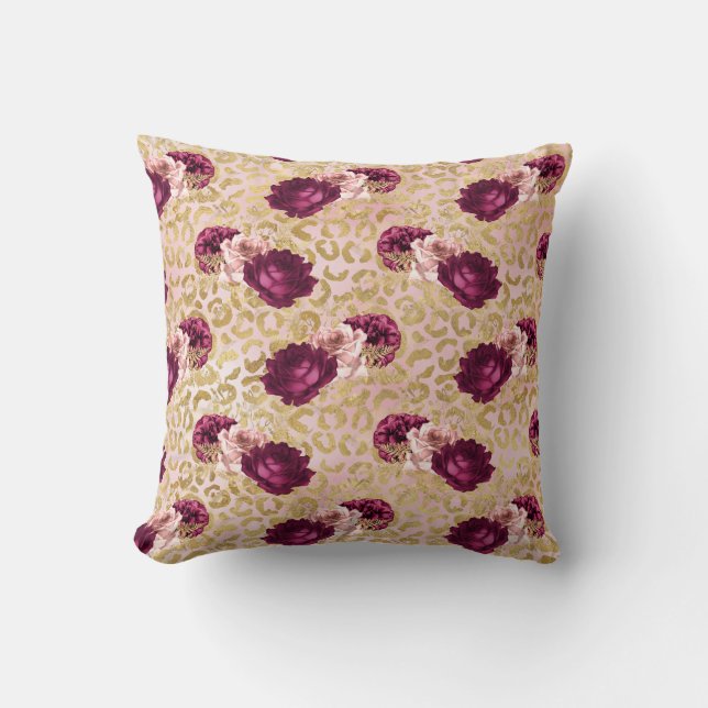 Gold Leopard Print Pink Roses Floral Cushion (Front)