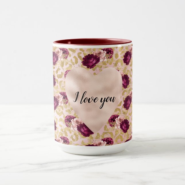 Gold Leopard Print Pink Roses Floral Heart   Mug (Center)