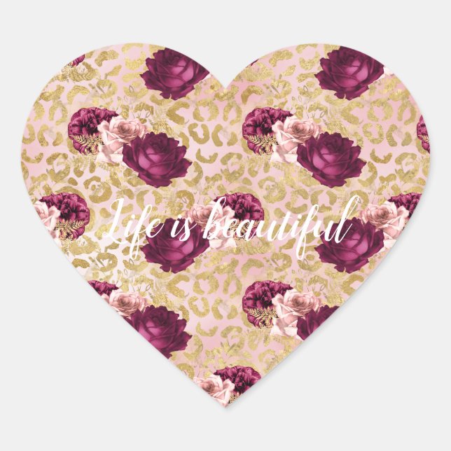 Gold Leopard Print Pink Roses Floral  Heart Sticker (Front)