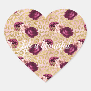 Gold Leopard Print Pink Roses Floral  Heart Sticker