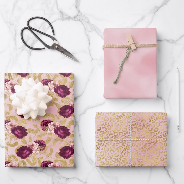 Gold Leopard Print Pink Roses Floral  Wrapping Paper Sheet (Front)