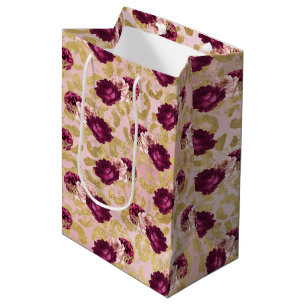 Gold Leopard Print Pink Roses Florals          Medium Gift Bag