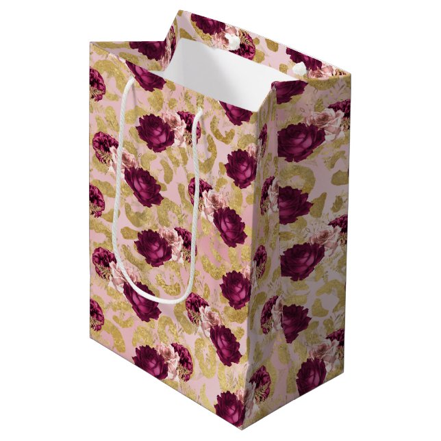 Gold Leopard Print Pink Roses Florals          Medium Gift Bag (Front Angled)