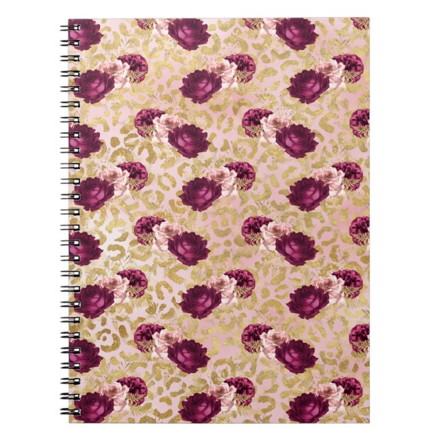 Gold Leopard Print Pink Roses Florals           Notebook (Front)