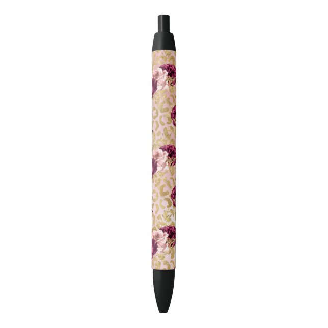 Gold Leopard Print Pink Roses Florals            P Black Ink Pen (Front Vertical)