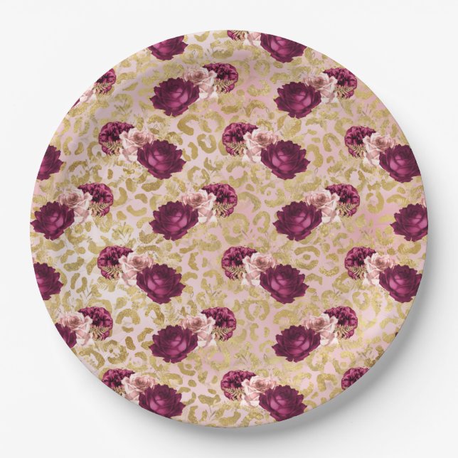 Gold Leopard Print Pink Roses Florals         Paper Plate (Front)