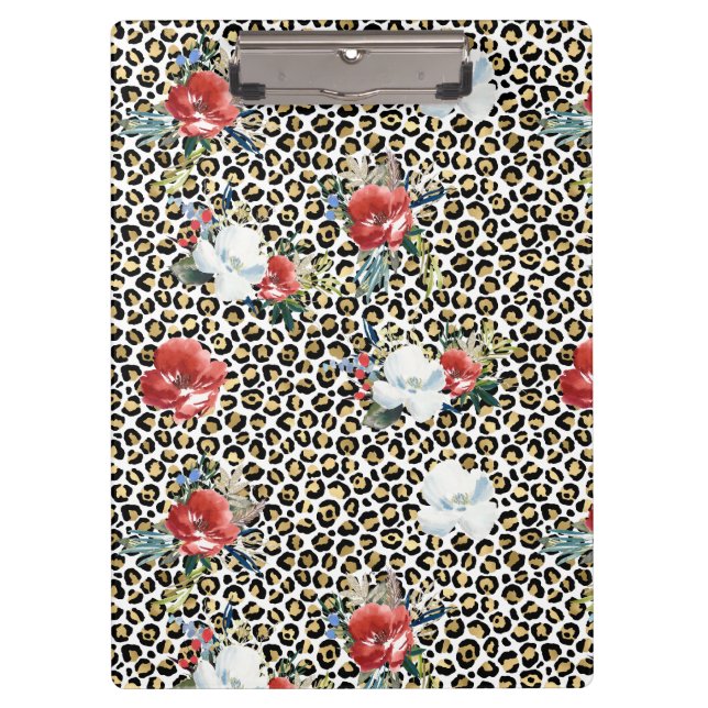 Gold Leopard Print Red White Floral Clipboard (Front)