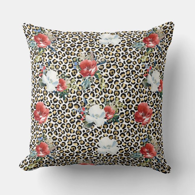 Gold Leopard Print Red White Floral Cushion (Front)