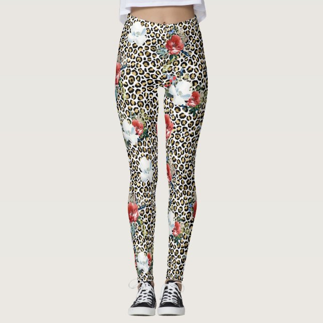 Gold Leopard Print Red White Floral Leggings (Front)