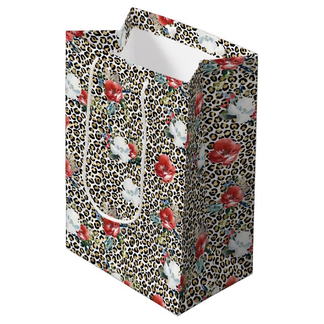 Gold Leopard Print Red White Floral Medium Gift Bag (Front Angled)