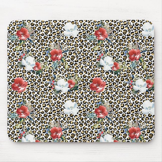 Gold Leopard Print Red White Floral Mouse Mat (Front)