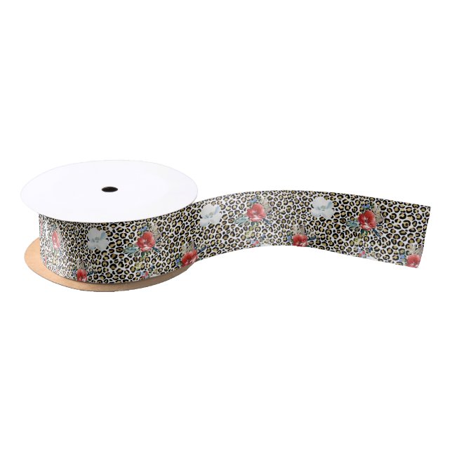 Gold Leopard Print Red White Floral Satin Ribbon (Spool)