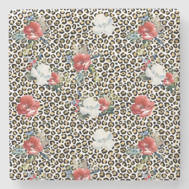 Gold Leopard Print Red White Floral Stone Coaster (Front)