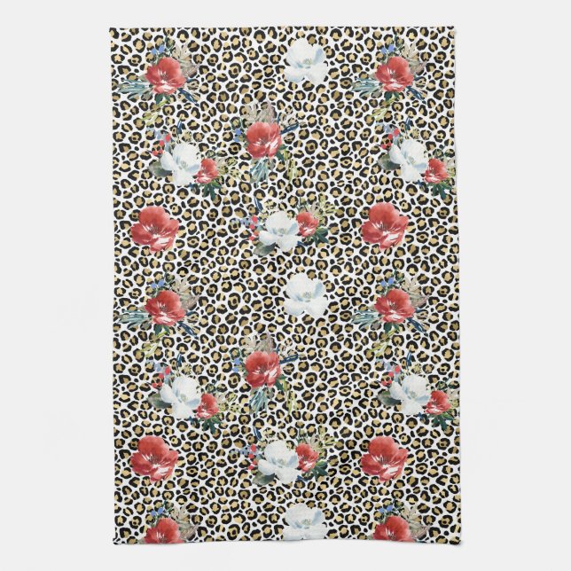 Gold Leopard Print Red White Floral Tea Towel (Vertical)