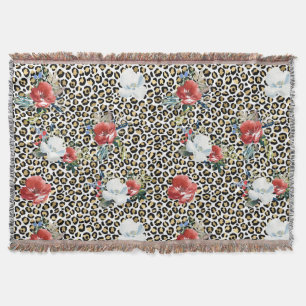 Gold Leopard Print Red White Floral Throw Blanket