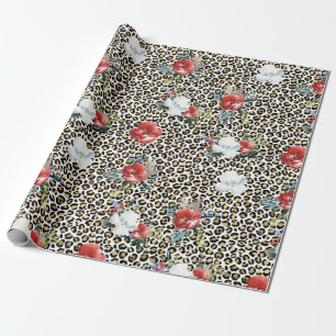 Gold Leopard Print Red White Floral Wrapping Paper