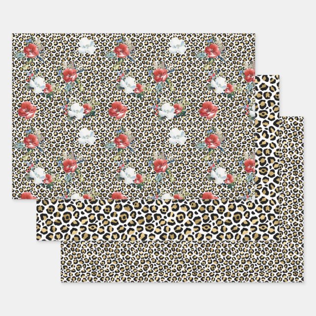 Gold Leopard Print Red White Floral Wrapping Paper Sheet (Set)