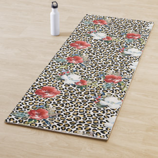 Gold Leopard Print Red White Floral Yoga Mat