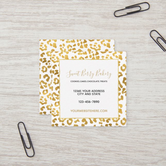 Gold Leopard Print Square Business Card (Front/Back In Situ)