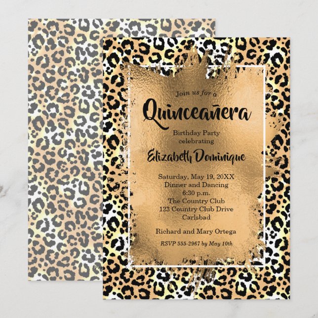 Gold Leopard Quinceañera Birthday Party Invitation (Front/Back)