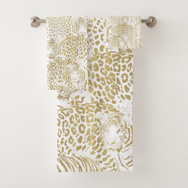 Gold Leopard Tiger Animals Pattern Bath Towel Set (Insitu)