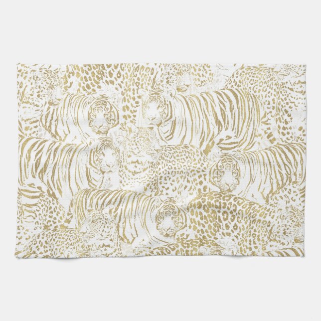 Gold Leopard Tiger Animals Pattern Tea Towel (Horizontal)