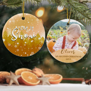 Gold Let it Snow Baby's Second Christmas Photo Ceramic Tree Decoration
