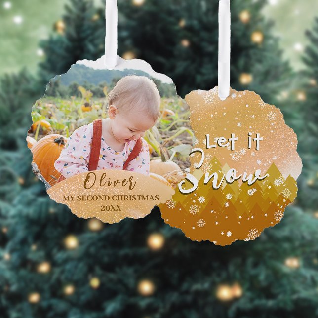Gold Let it Snow Baby's Second Christmas Photo Tree Decoration Card (Creator Uploaded)