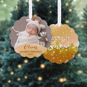 Gold Let it Snow First Christmas Photo Tree Decoration Card