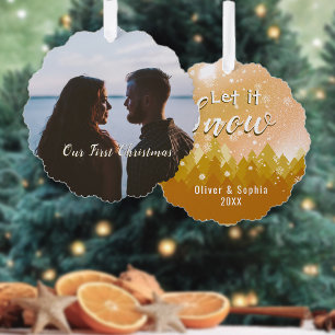 Gold Let it Snow First Christmas Photo  Tree Decoration Card