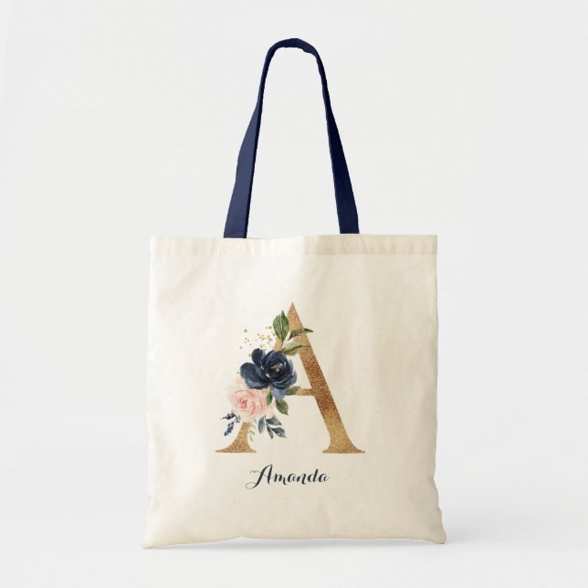 Gold Letter A and Blush Floral Personalised chic Tote Bag (Front)