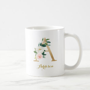 Gold Letter A and Blush Floral Personalized Coffee Mug