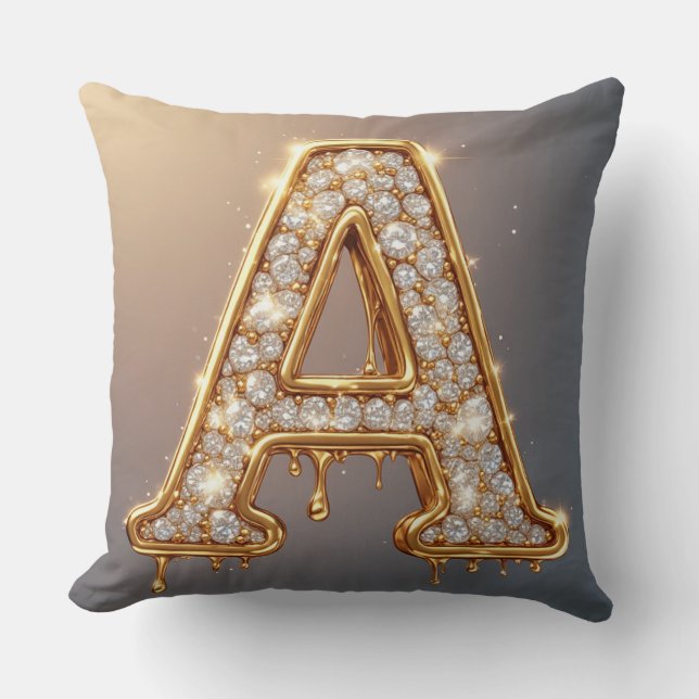Gold Letter A Diamond Drip Molten Monogram Cushion (Front)