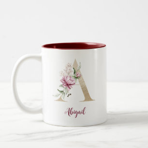 Gold Letter A, Monogram A, Pink Floral Gift Her Two-Tone Coffee Mug