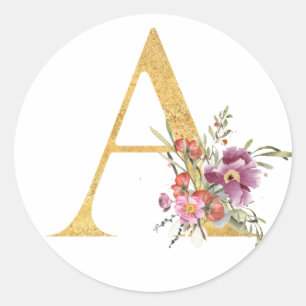 Gold letter A with flowers Classic Round Sticker