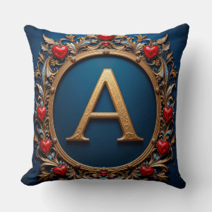 Gold Letter A With Hearts Floral Blue Decor 💙 Cushion
