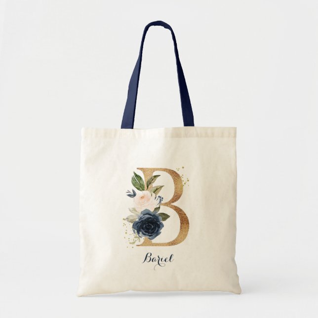 Gold Letter B and Blush Floral Personalised Tote Bag (Front)