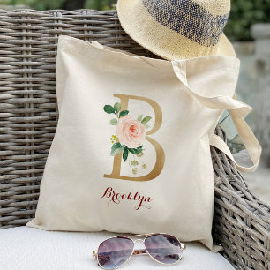 Gold Letter B and Blush Floral Personalised Tote Bag